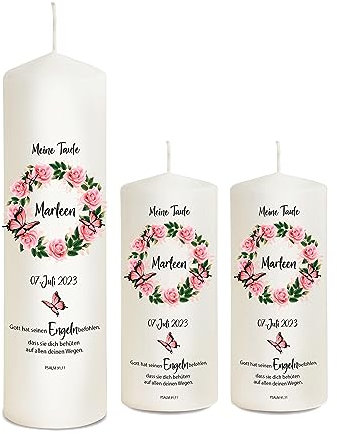 Liamoria® Taufkerze Mädchen Blumenkranz Schmetterlinge personalisiert - auch mit Patenkerzen - 25 x 8 cm - Taufgeschenke - Modell Marleen (mit 2 Patenkerzen)