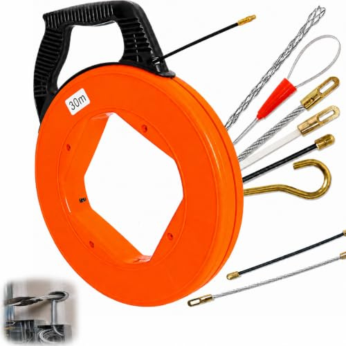 Gekufa Guia Pasacables Trenzada 30 m, 4 mm, espiral de tracción con 6 adaptadores, cable de tracción con carcasa de plástico y mango, resorte de tracción para tender cables (naranja)