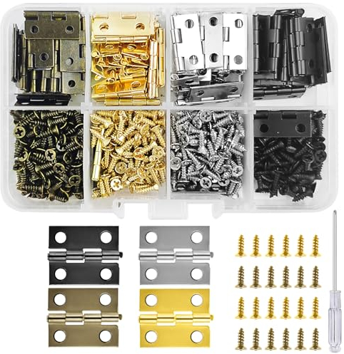 Bohoray 112pcs Small Cabinet Hinges, 18 * 15 mm for Wood, 4 Colors Mini Hinges With 448 Screws, Folding Butt Hinges With Screwdriver for Jewelry Box, Cabinet, DIY Crafts