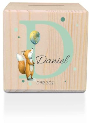 GRAVURZEILE Spardose aus Holz - Tiermotive mit Monogram - mit Namen und Datum personalisiert - Personalisierte Geschenke für Mädchen & Jungen zum Geburtstag Kommunion - Geschenk für Kinder - Fuchs