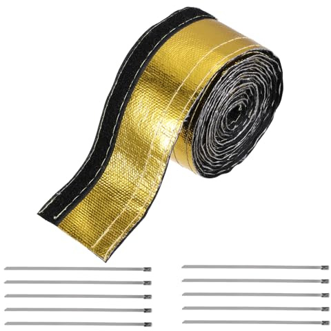 sourcing map Heat Shroud Sleeve Aluminized Gold Sleeving 12mm 1/2 Inch ID x 300cm 10FT Heat Cable Sleeving for Hose Wire Heat Protection with Hook&Loop,10PCS Stainless Steel Ties