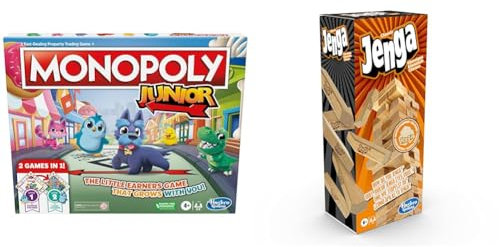 Monopoly Junior Board Game, 2-Sided Gameboard, 2 Games in 1, Game for Younger Children & Hasbro Gaming Jenga Classic, Children's game that promotes reaction speed from 6 years