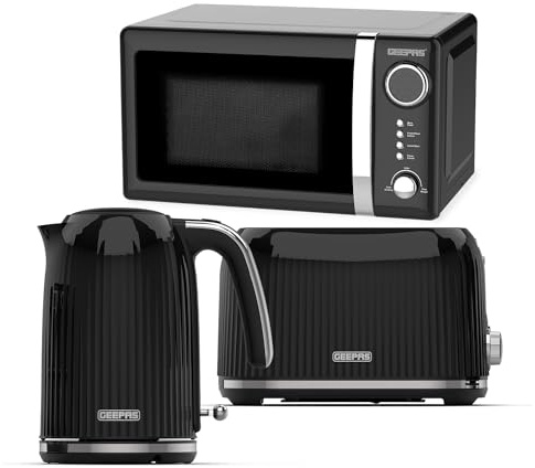 Geepas 3-Piece Kitchen Set Digital Microwave 1.7L Kettle 2 Slice Toaster 700W/3000W Black