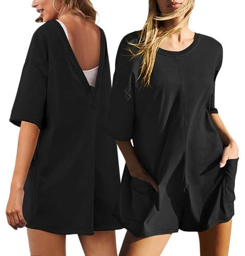 Hanaoops Dam korta overaller sommar casual överdimensionerade sparkbyxor halv ärm rund hals lös t-shirt lekdräkter med fickor dam trendig kort sparkdräkt för atletisk träning, Svart, XL