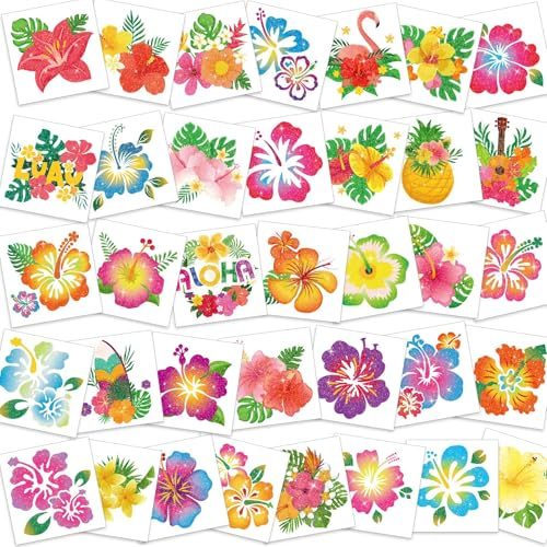 NATOSU 36PCS Hibiscus Glitter Temporary Tattoos for Aloha and Hawaiian Party Decoration, Summer Face Flower Stickers