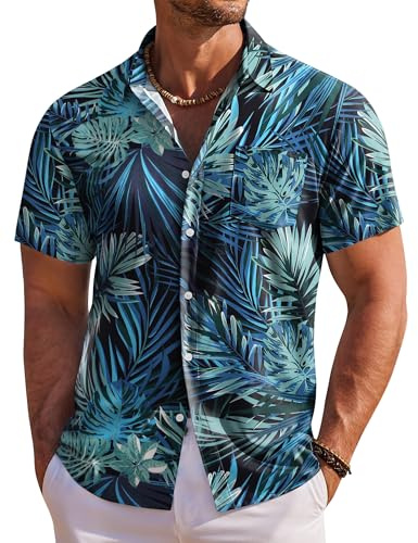 COOFANDY Hawaiianska skjortor för män kortärmad sommartröjor för män tropisk semester strandskjorta med framficka, Blått grönt blad, S
