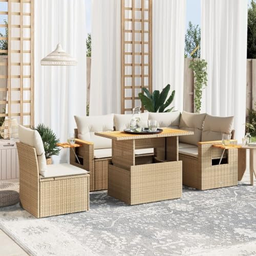 Tidyard 6-TLG.Gartenlounge Gartengarnitur Gartenset Gartenmöbel Set Loungemöbel Terrasse Sitzgruppe Garten Terrassenmöbel Gartensofa Garten-Sofagarnitur mit Kissen Beige Poly Rattan