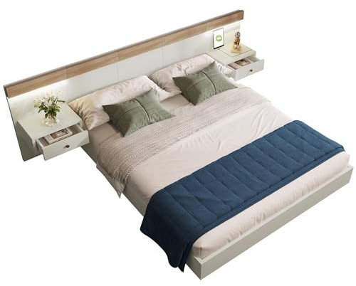 BXEYXE Doppelbett Bettanlage mit 2 Nachtkommoden& C Steckdose 180 x 200 cm Holzbett inkl. 2 Nachttischen Schlafzimmer Komplett-205x284x90.5 cm(T/B/H) Set in Eiche Sonoma/Weiß(Ohne Matratze)