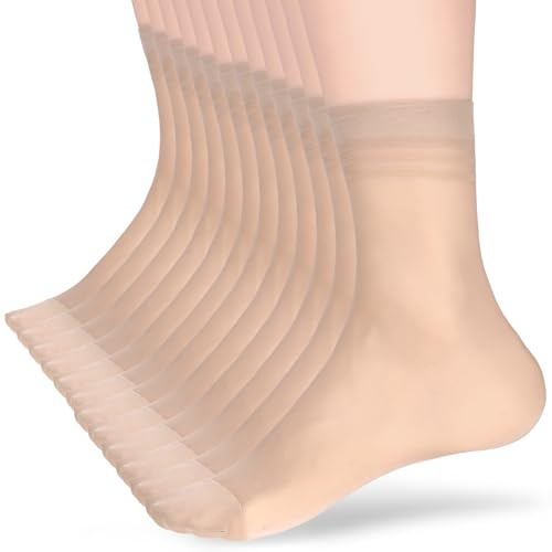 Telooco 12 par tunna nylonstrumpor dam genomskinliga strumpor korta sidenstrumpor nylonstrumpor ultratunna strumpor andas strumpor med förstärkta tår (svart, hudfärgad), Hudnyanser, one size