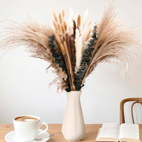 Behiruch Getrocknet Pampasgras Deko, 110 Stück Natürliche Trockenblumen Pampas, Boho Schilfgrasstrauß, für Hochzeiten, Schlafzimmer, Tischdeko und Partydekorationen