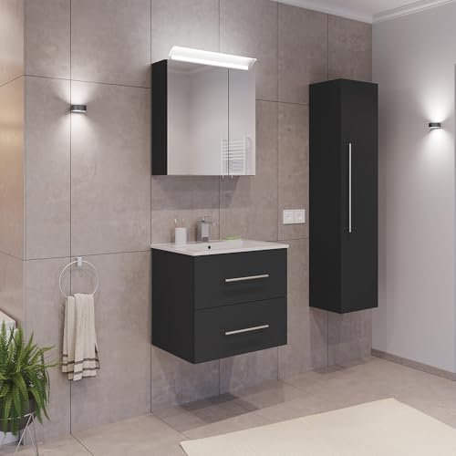 Lomadox Badezimmermöbel Badmöbel Set 2-teilig, Waschtisch Waschplatz 60cm breit mit Waschbecken 2 Softclose Schubladen und LED Spiegel, in grau