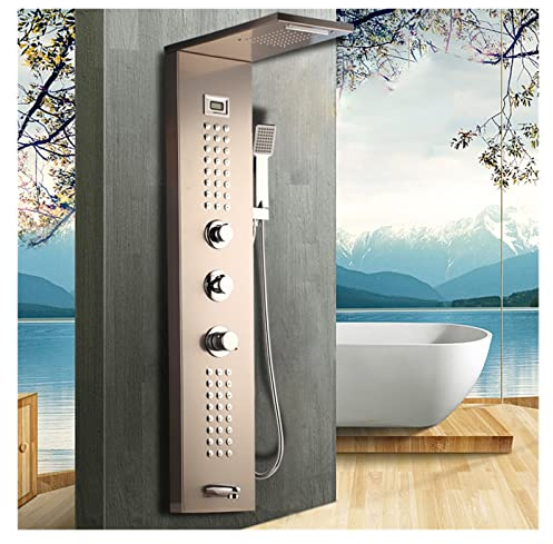 HPHPH Luxury Black/Brush Bathroom LED Shower Panel Tower System Wall Mount Mixer Tap Hand Shower SPA Massage Temperature Screen(Style 11)