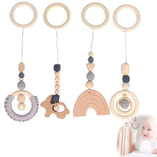 FENYW Spielbogen Baby Spielzeug ab 0 Monate, 4 Stück Spielebogen Babies Toys, Anhänger Spielbogen, Anhänger für Spielbogen, Spielbogen Anhänger Holz für Mädchen Jungen, Gris
