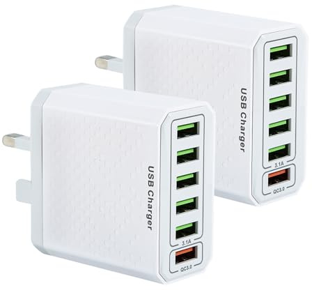 USB Plug Charger, 6-Port USB Fast Charger Plug with 18W Intelligent Quick Charge 3.0 Wall Charger, Multi Power Charging Adapter UK Fast Charging (White, 2pcs)
