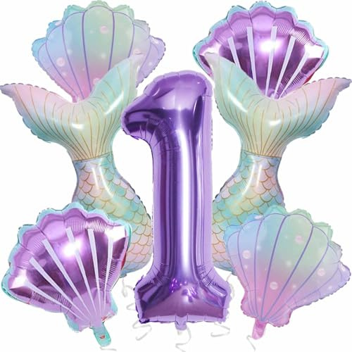 Meerjungfrau Geburtstagsdeko 1 Jahr, Luftballon Meerjungfrau Folienballon Mermaid Muschel Ballon Lila Folien Balloon 1 40 Zoll für Mädchen 1 Jahre Geburtstag Deko