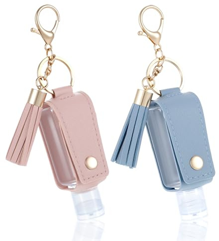 Classicseali 2PCS Hand Sanitiser with Clip,Portable Leather Hand Sanitizer with Clip, Refilled Empty Hands Sanitizers Bottles, with Keychain, for Bathroom Liquid Soap Shampoo, Pink, Blue