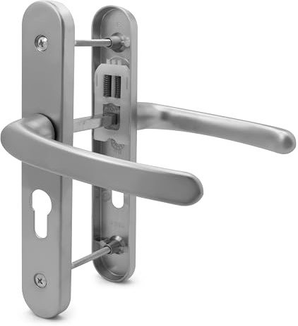 TSS UPVC Door Handle Set, 48mm PZ (Centres), Lever/Lever, Screw to Screw 160mm with Backplate 215mm x 34mm - Replacement PVC Door Handle (Silver)