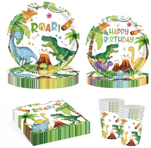 YRsorn Dino Geburtstag Deko Partygeschirr - Dino Deko Kindergeburtstag für 20 Gäste, Pappteller Tassen Servietten für Party Kindergeburtstag Deko Junge Mädchen
