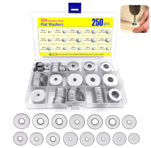 250 Stück Flache Unterlegscheiben Set, 304 Edelstahl Flach 15 Größen M3 M4 M5 M6 M8 M10 M12, Edelstahl Karosseriescheiben für Schrauben, Gewindestangen