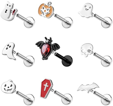 ZS 9 Stück 16G Edelstahl Labret Lippenpiercing Innengewinde, Halloween Geist Totenkopf Medusa Monroe Piercingschmuck, flache Conch Tragus Ohrringe für Damen Herren