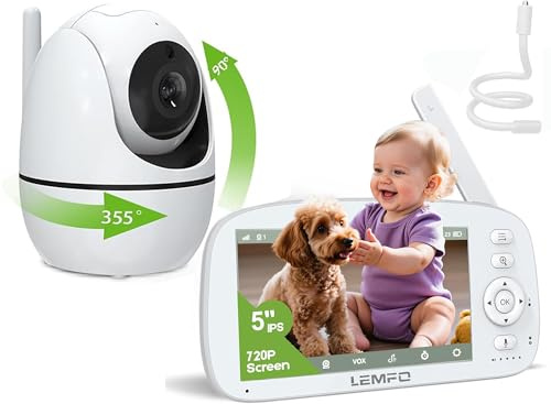 LEMFO Babymonitor med kamera och mörkerseende, 5 tums IPS-skärm med 30 timmars batteri, 305 m räckvidd babymonitor ingen Wifi, 2-vägskommunikation, vaggvisa, temperaturövervakning lämplig för babyrum