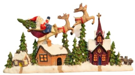 PawwJoy Figura decorativa de casa de pueblo de Navidad con Papá Noel y reno para decoración de escritorio de oficina, festival, 6.7 x 3.75 pulgadas