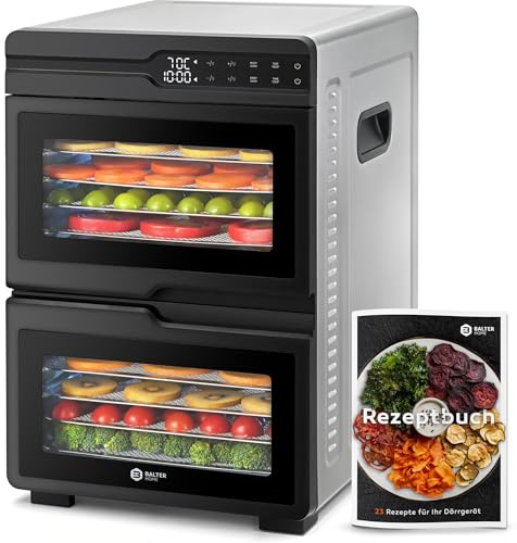 Balter Dörrautomat Edelstahl mit 2 Kammern & 12 Etagen, 1000 W, 8800 cm² Dörrfläche, BPA-frei, 35–75 °C, Timer bis 48 Std, Warmhaltefunktion, Dörrgerät, Dehydrator, Obsttrockner
