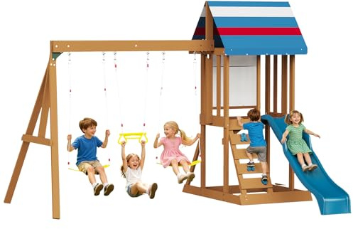 Albott Wooden Swing Set for Kids, Outdoor 6-in-1 Wood Playset with Tower Playhouse, Wave Slide, Swings, Climbing Wall & Ladder, Backyard Playground for Ages 3–8, 99.6 D x 152.4 W x 96.5 H