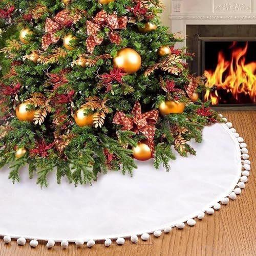 Weihnachtsbaumständer Abdeckung, 120 cm Doppellagig Jute Baumständer Deckchen mit Pompons, Weißer Weihnachtsbaum Rock für Weihnachtsdekoration, Weihnachtsbaum Schmuck (Weiß)