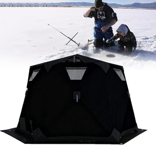 Pop-up-Isfiskeskydd För 6–10 Personer, Bärbart Isfisketält, Isolerat Vinterisfiskeskydd, Bastutält I 420d Oxford-Tyg Med 4-Lagers Termiskt Nav Black