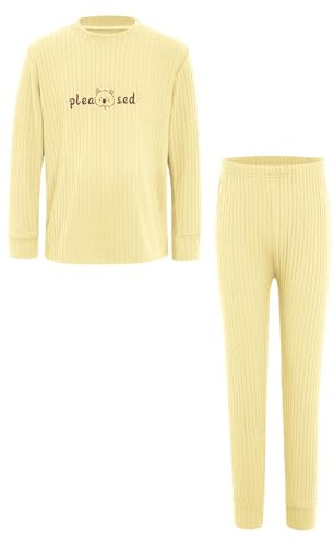 Kaerm Barn flickor, stickad fritidsoverall, långärmad stickad tröja med byxor, ribbade outfits, höst, vinter, termounderkläder, set, termodräkt, gul, 86–92
