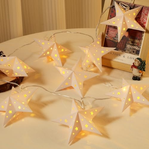 Lewondr 20 LED Sternen Lichterkette Batteriebetrieben, Lichterkette Papier Mit Sternauschnitten, 4M Hängende Papiersterne Weihnachten Mit Timerfunktion Für Hochzeit Weihnachtsdekoration