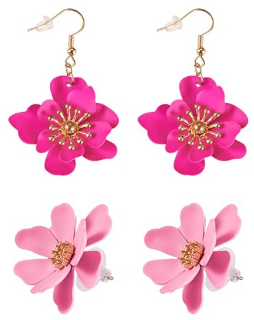 Beadthoven 2 Pairs Flower Earrings Multi-layer Petal Boho Chic Flower Dangle Hook Earring & Stud Earring Set for Women Girls Wedding Party
