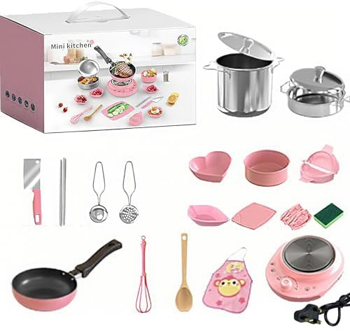 Matlagning för barn mini kök leksaks set, 22-delat kökstillbehörsset, realistiska mini kokkärl och stekpannor set för barn, en pedagogisk leksakspresent lämplig för nybörjare. (Rosa)
