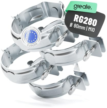 greate Rohrschelle M10 für Fallrohre mit 80 mm Durchmesser - verzinkt | 4er Pack Fallrohrschelle - Regenrohrschelle zur Befestigung von Fallrohren am Gebäude - Regen Rohr Befestigung mit Gewinde