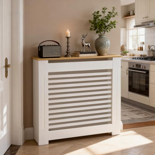 FATIVO Cubre Radiadores Blanco MDF: 112x20x92.5cm (Horizontal) | Cubierta de Radiador con Estante Superior de Madera, Cubierta para Radiador Reforzada y Duradera para el Hogar u Oficin