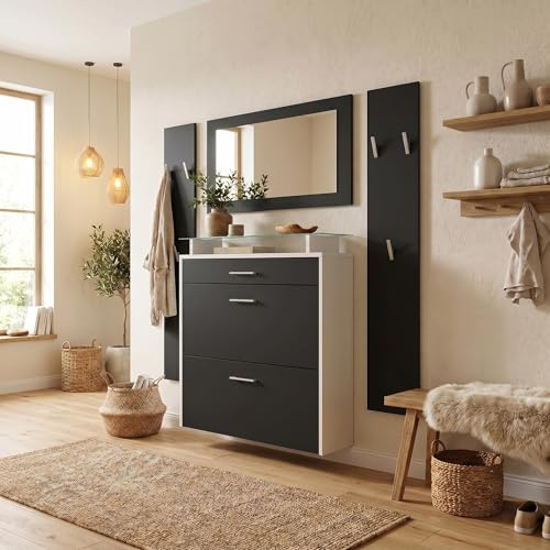 Vladon Penderie Malea, Meuble d’entrée Comprenant 1 Commode à Chaussures Murale, 1 Miroir Mural et 2 Panneaux Porte-Manteaux, Blanc Mat/Noir Mat