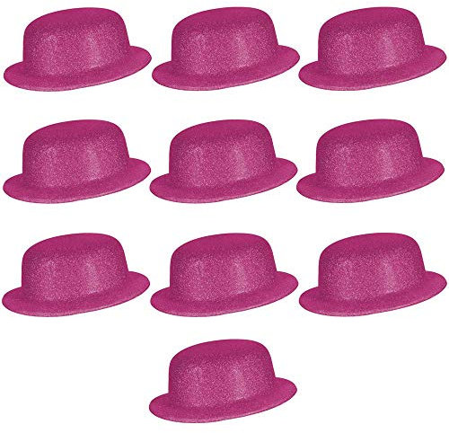 Ciffre 15er Set stylische Melonenhüte mit Glitzerstaub Zylinder Melone Partyhut Disco Fasching Rund Karneval Glitzer - Pink
