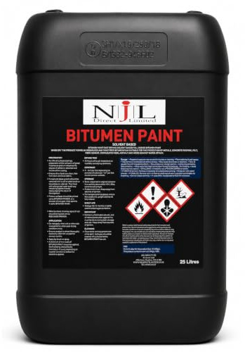 NJL Bitumen Paint Black 25L | Waterproofs Metal, Concrete, Iron, Steel | Solvent-based, Black Metal Paint | Concrete Sealer, Coating Metal Fences, Gutters, Railings and Roofs