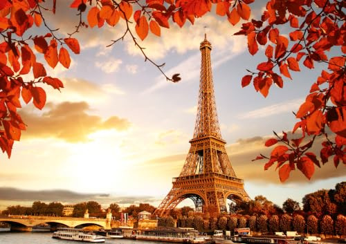 Ulmer Puzzleschmiede - Puzzle „Herbst in Paris“– Klassisches 1000 Teile Puzzle – Puzzlemotiv des Eiffelturm hinter der Seine und herbstlichen Blättern in Paris, Frankreich