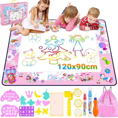 Nabance Malmatte mit Wasserstift Wasser Matte Doodle 120 * 90cm | Wassermalmatte Super Groß XXL Drawing Matte mit 3 Wasserstift 9 Stempelset Aufbewahrungstasche Geburtstag Geschenke Kinder