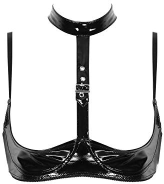 Zaldita Womens Lingerie Wet Look Patent Leather Buckled Halter Neck Wire-Free No Pad Quarter Cup Bra Top Black M