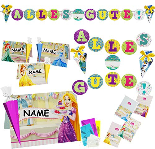 Set: 2,8 m - XL Girlande/Wimpel + 6 Namenskärtchen - Alles Gute zum Schulanfang/Princess - Prinzessin & Frozen - Schuleinführung/Schule - Kinder/Party..