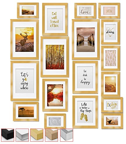 bomoe 18er Bilderrahmen Set – 6x 10x15 cm, 4x 13x18 cm, 4x 18x24 cm, 4x 20x30 cm Fotowand Bilder Set Holz & Kunststoffglas Holzbilderrahmen mit Passepartout Gold