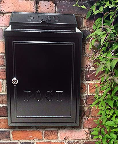 Aurahome® Vintage Weatherproof Post Box Plain Design Personalisable-Lockable Heavy Duty Secure Wall Mounted Letter Mail Post Box Post for Walls/Gates/Garages.Charming (Black with Black Post Sign)