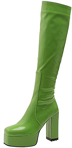 CUTEHEELS Damen Stiefel Lack Kniehoch Blockabsatz Plateau Reißverschluss | 11,5 cm Blockabsatz; 4 cm Plateau (eff. 7,5 cm); Lack-Optik; Tropfen-Metallzug; Kunstfell-Futter; 34-42 EU