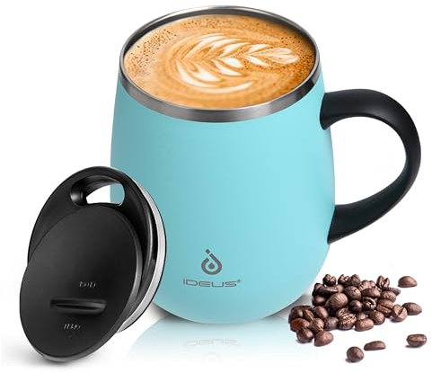 Ideus Coffee Mug 470ml (16oz), Double Wall Vacuum Insulated Stainless Steel Coffee & Tea Cup w/Non-Slip Handle & Slider Module Lid & Large Volume (Light Blue)