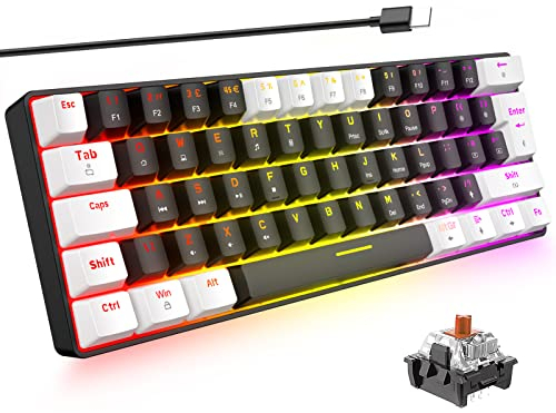 ZIYOU LANG 60% Mechanische Gaming Tastatur 62 Tasten Kompakte Mini Kabelgebundene Tastatur 18 RGB LED Beleuchtung Braune Schalter Schwebenden Tastenkappen für Windows PC PS4 Xbox(Schwarz&Weiß)