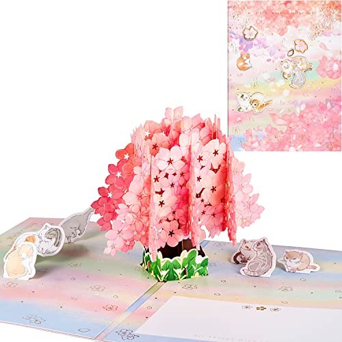 3D Pop-Up Geburtstagskarte,Valentinstagskarte für Verliebte,Familie und Freunde,Romantische und Warme Karte für Geburtstag,Hochzeit,Jubiläum,Engagement,Katze und Kirschblüte