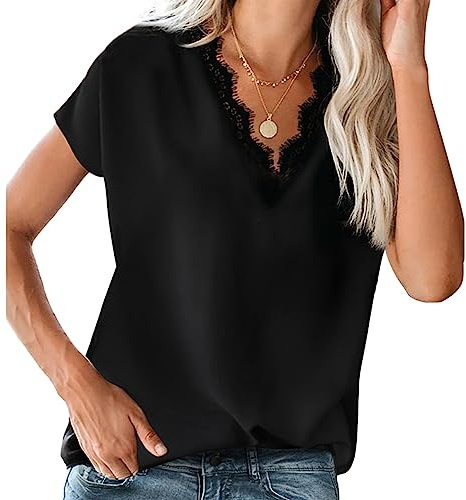 Coloody Camisas Mangas Corta de Encaje para Mujer Pestañas con Cuello en v Tops-Negro-M